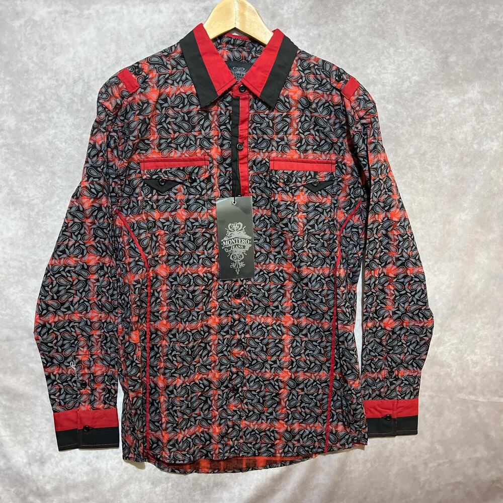 NEW Montero Jeans Western Long Sleeve Button Up Red Black Paisley size M